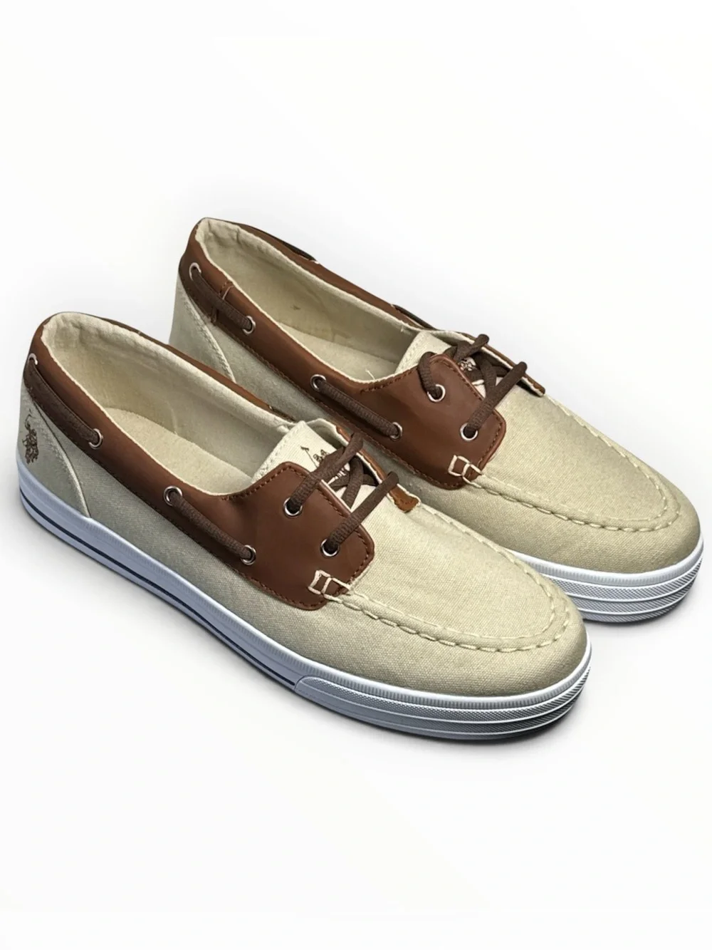 Men’s 12 Casual Boat Shoes Sneakers Cream Canvas Brown Trim NWOT U.S. Polo Assn.